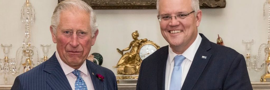 Prime Minister Scott Morrison with Prince Charles at Buckingham Palace in 2019. CREDIT:NEWS POOL