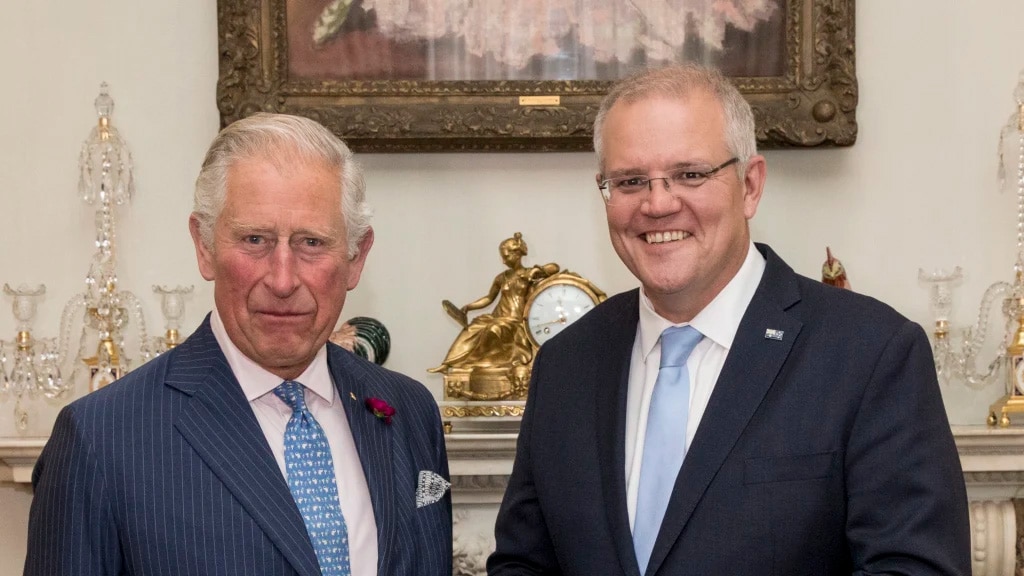 Prime Minister Scott Morrison with Prince Charles at Buckingham Palace in 2019. CREDIT:NEWS POOL