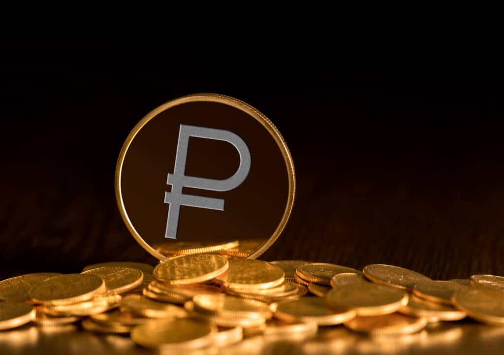 Illustration of Ruble cybercurrency with gold background