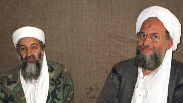 Osama bin Laden sits with his adviser and purported successor Ayman al-Zawahiri