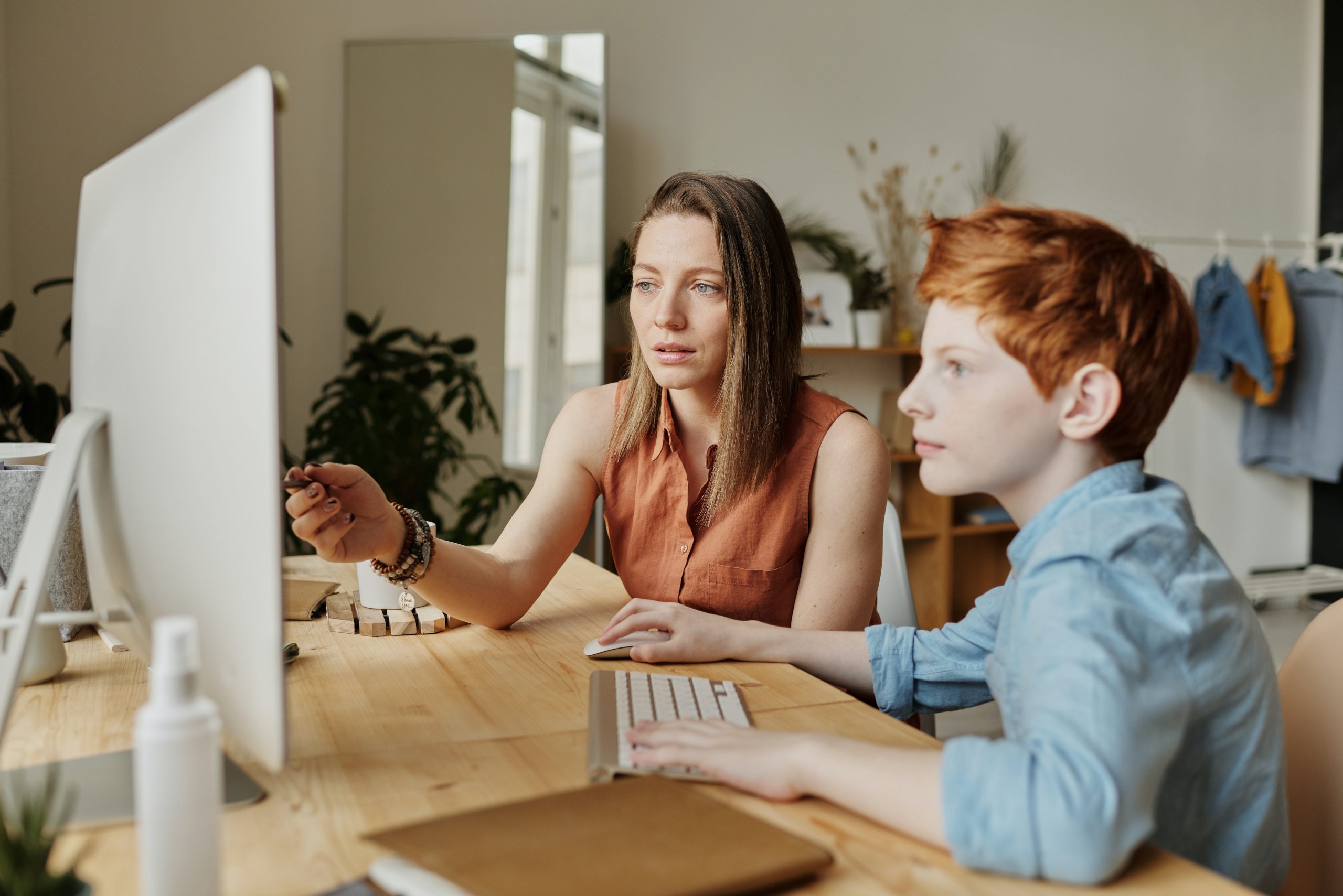 Woman and child viewing something on a computer