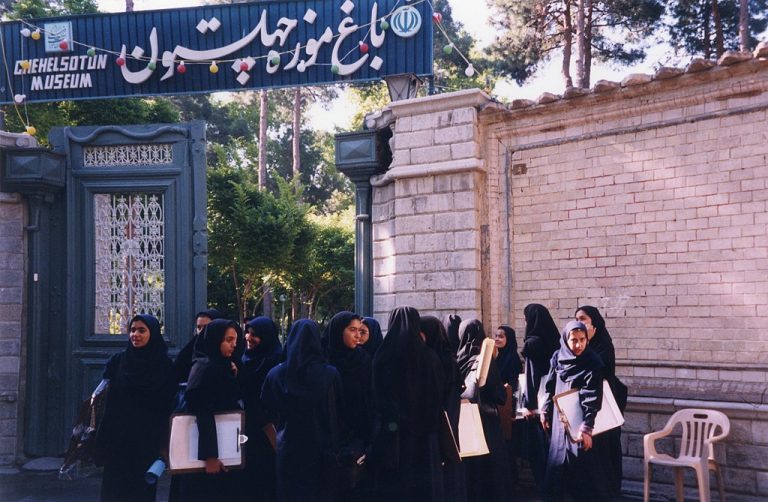 Iranian schoolgirls at Chehelsotun Museum.