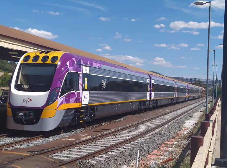 A purple v/line train similar to the one involved in today's Geelong train crash