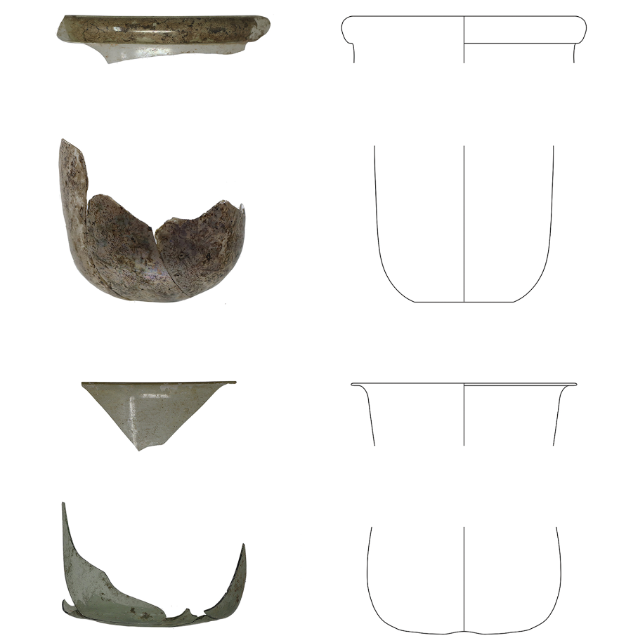 Fragments and outlines of glass urine flasks excavated from the cistern.
