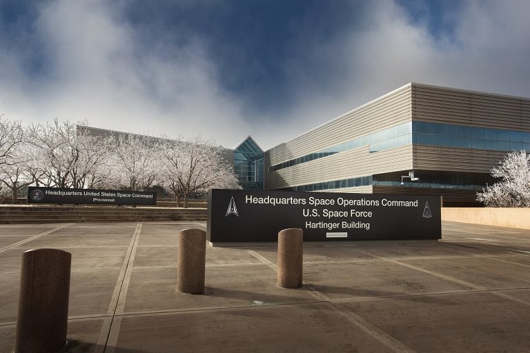 Building 1 at Peterson Space Force Base, Colo. is the provisional headquarters of U.S. Space Command.