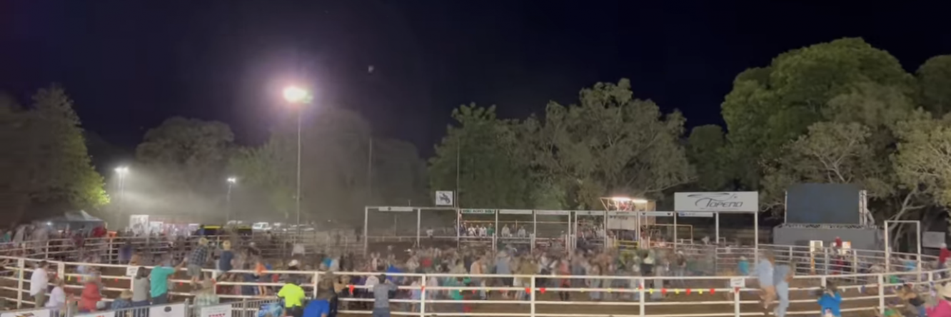 The line dancing crowd could be seen running and screaming as a bull charged through the arena.