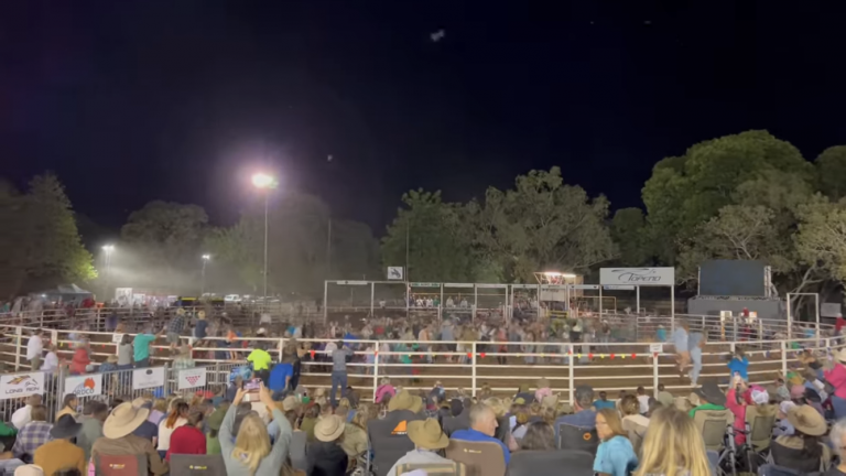 The line dancing crowd could be seen running and screaming as a bull charged through the arena.