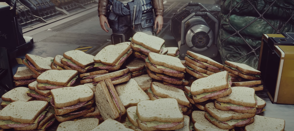 A stack of sandwiches on a table in the videogame, Starfield.