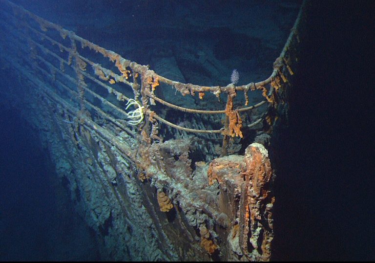 View of the bow of the RMS Titanic photographed in June 2004 by the ROV Hercules during an expedition returning to the shipwreck of the Titanic.