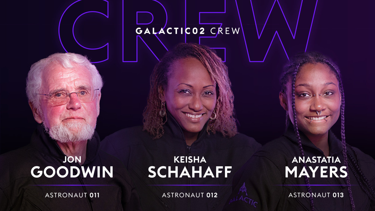 Private passengers of the Galactic-02 mission: Jon Goodwin, Keisha Schahaff, and Anastatia Mayers.