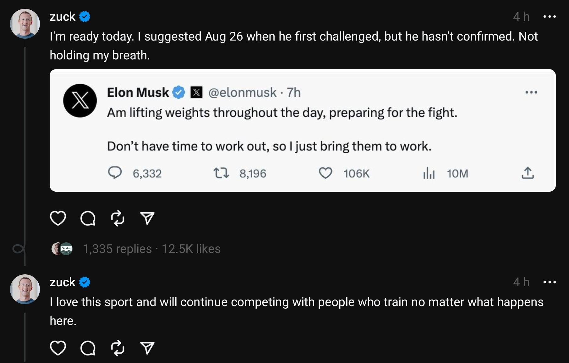 Mark Zuckerberg on Threads, replying to Elon Musk's X post.