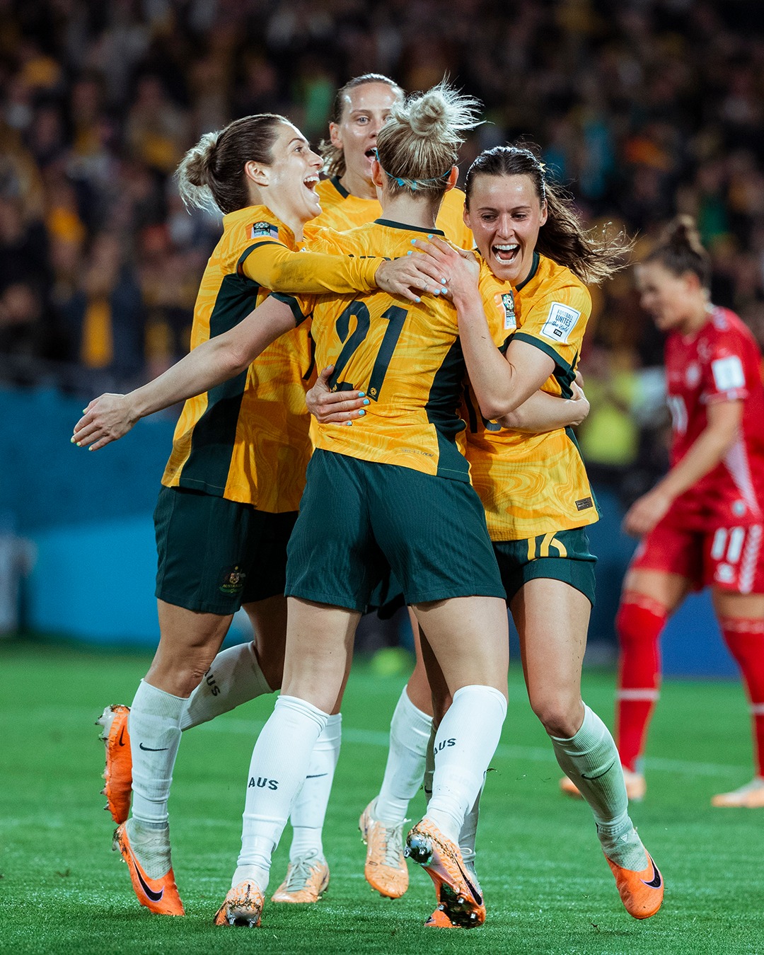 The Matildas celebrating their win against Denmark on Monday night.