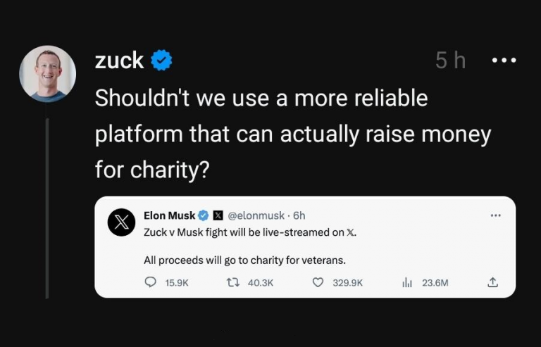 Mark Zuckerberg's Thread post replying to Musk's X post regarding their fight.