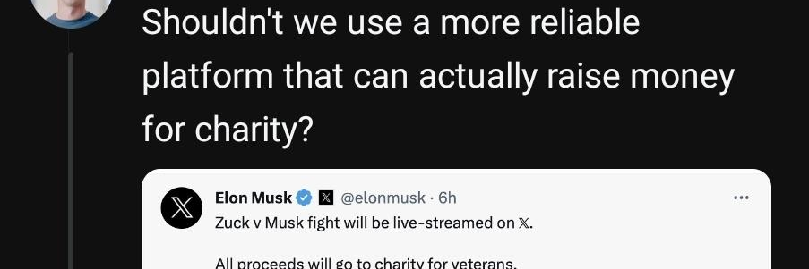 Mark Zuckerberg's Thread post replying to Musk's X post regarding their fight.
