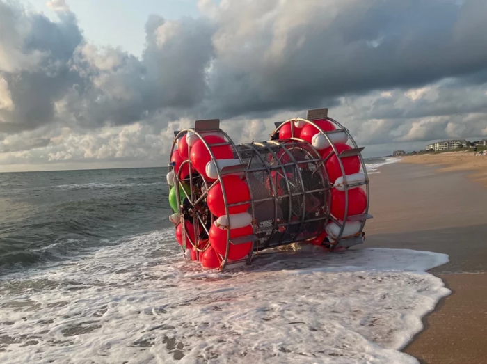 A Florida man made a floating hamster wheel style craft from buoys and wire.