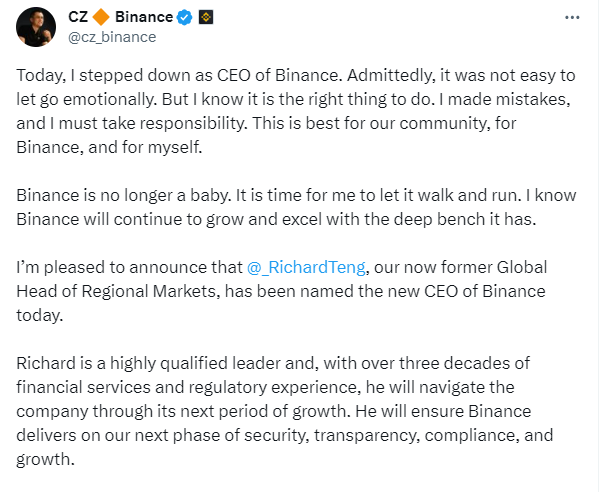 Chengpang Zhao announced he was stepping down as CEO of Binance — @cz_binance on Twitter (X)