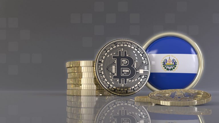 3D rendering of some metallic Bitcoins in front of an badge with the Salvadoran flag.