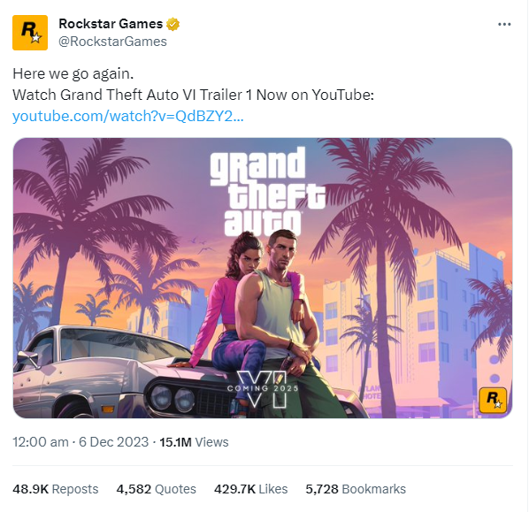Rockstar Games (@RockstarGames) officially announces the Grand Theft Auto VI trailer on Twitter (X).