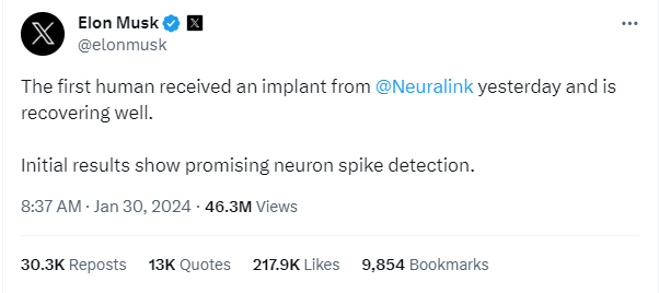 "The first human received an implant from @Neuralink yesterday and is recovering well. Initial results show promising neuron spike detection." - @elonmusk, via X (Twitter)
