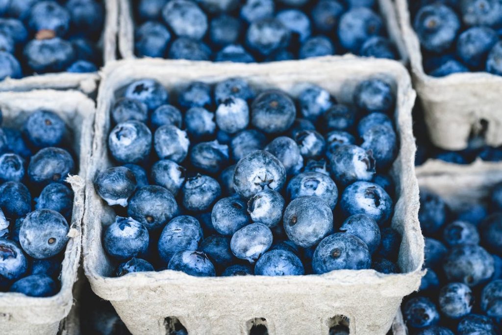 Blueberries packed in grey containers.