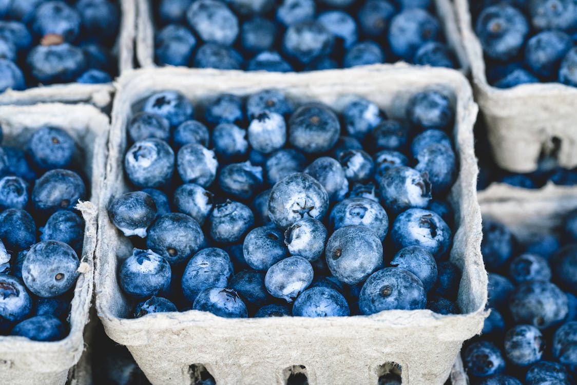 Blueberries packed in grey containers.