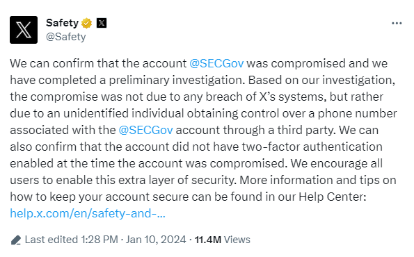 X's official safety account (@Safety) said the compromise was not due to a breach in X's systems.