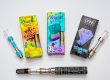 a brightly coloured collection of vape packages.