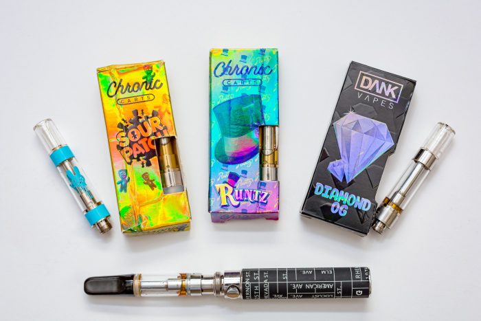 a brightly coloured collection of vape packages.
