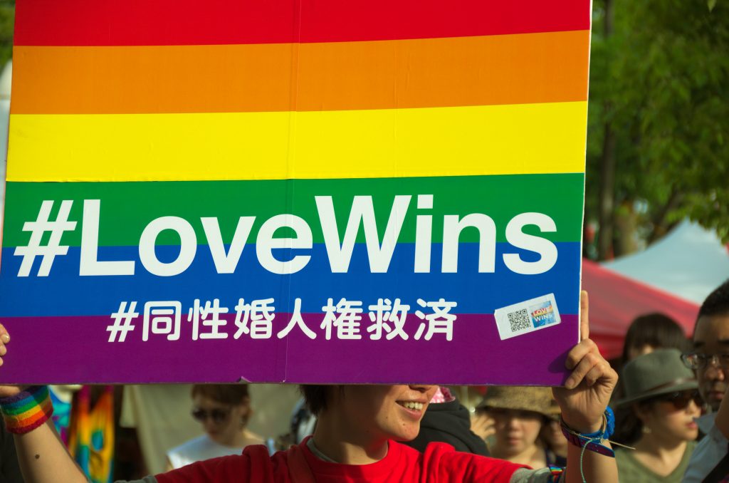 Sign held up in Yoyogi park in Tokyo, Japan, May 8, 2016 with the words "Love Wins"