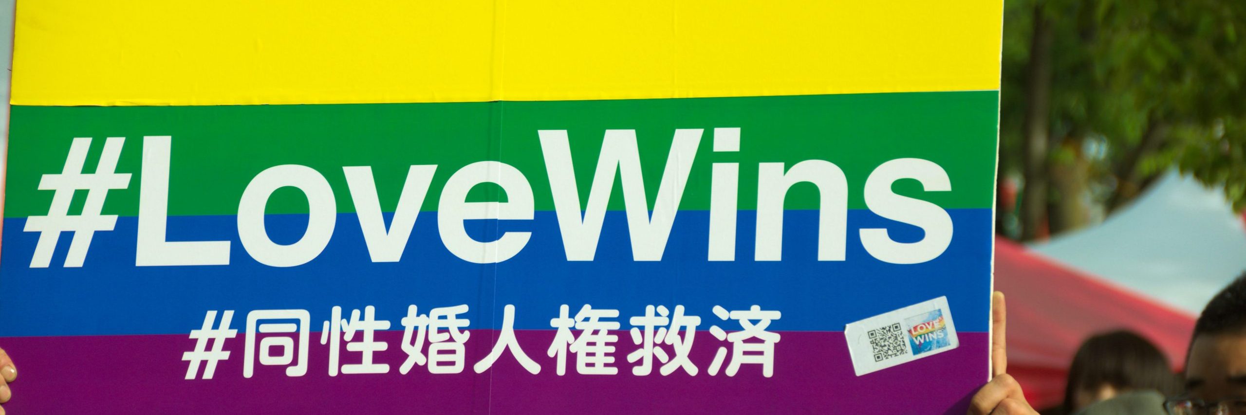 Sign held up in Yoyogi park in Tokyo, Japan, May 8, 2016 with the words "Love Wins"