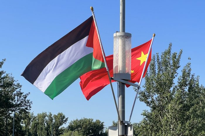 Palestinian and Chinese flags.