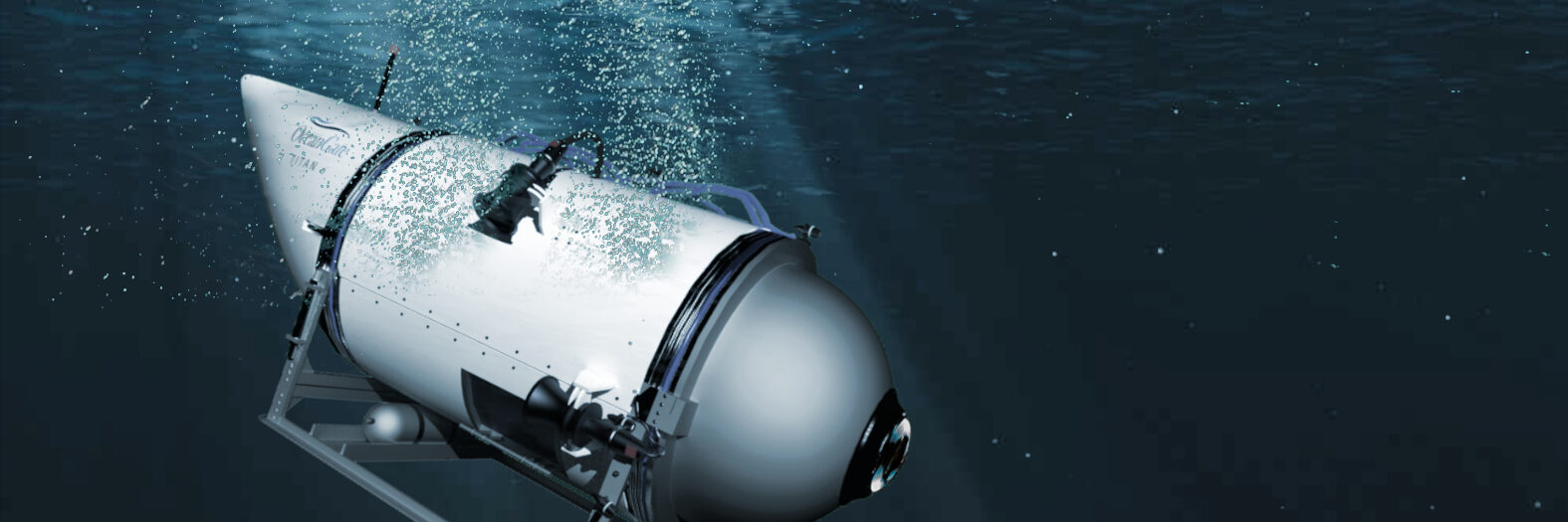 A rendered 3D model of the OceanGate submersible "Titan" underwater, showing how the vessel would have looked. Image source: Madelgarius, via Wikimedia Commons