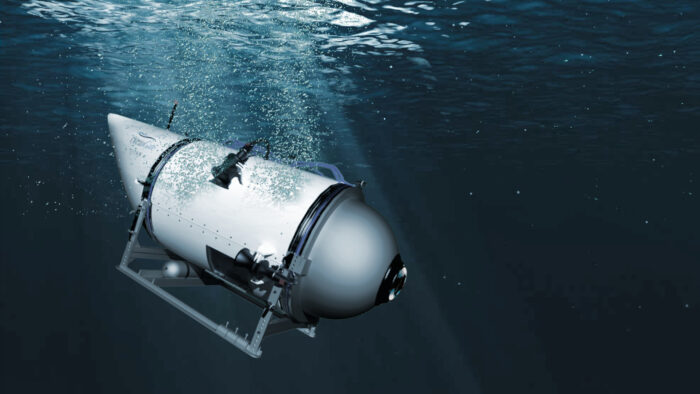 A rendered 3D model of the OceanGate submersible "Titan" underwater, showing how the vessel would have looked. Image source: Madelgarius, via Wikimedia Commons