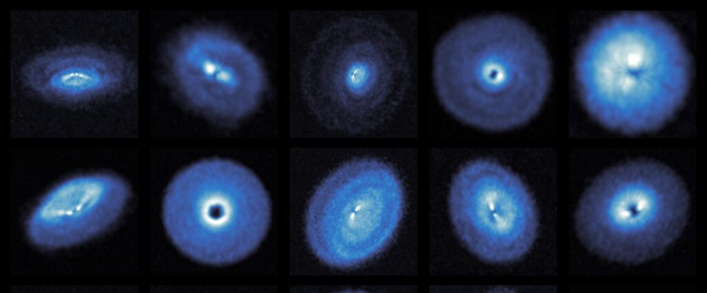 Peak intensity of CO emission from 15 sources, or planet nurseries, that were surveyed. Photo: exoALMA.