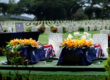 The caskets of warrant officers Russell Grigg and Clement Wiggins ready to be lowered at the Bomana War Cemetery, Port Moresby, PNG. Photo: Department of Defence