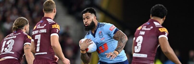 Payne Haas taking the ball up for the Blues against Qld. Photo: Scott Davis / NRL Images