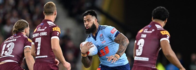 Payne Haas taking the ball up for the Blues against Qld. Photo: Scott Davis / NRL Images