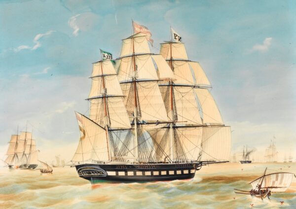 An 1842 painting by Jacob Spin of the Koning Willem de Tweede at Batavia (Jakarta) in the Dutch East Indies (Indonesia). Image: Rotterdam Maritime Museum.