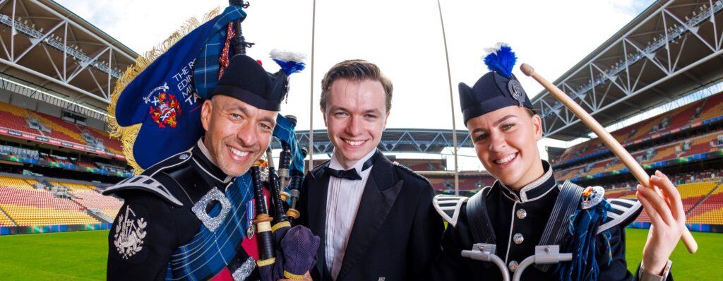 Pipe Major Alisdar McLaren, Connor Ferguson and Chevii Jay Clarke at Suncorp Stadium, Brisbane. Photo: JOSH WONING