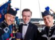 Pipe Major Alisdar McLaren, Connor Ferguson and Chevii Jay Clarke at Suncorp Stadium, Brisbane. Photo: JOSH WONING