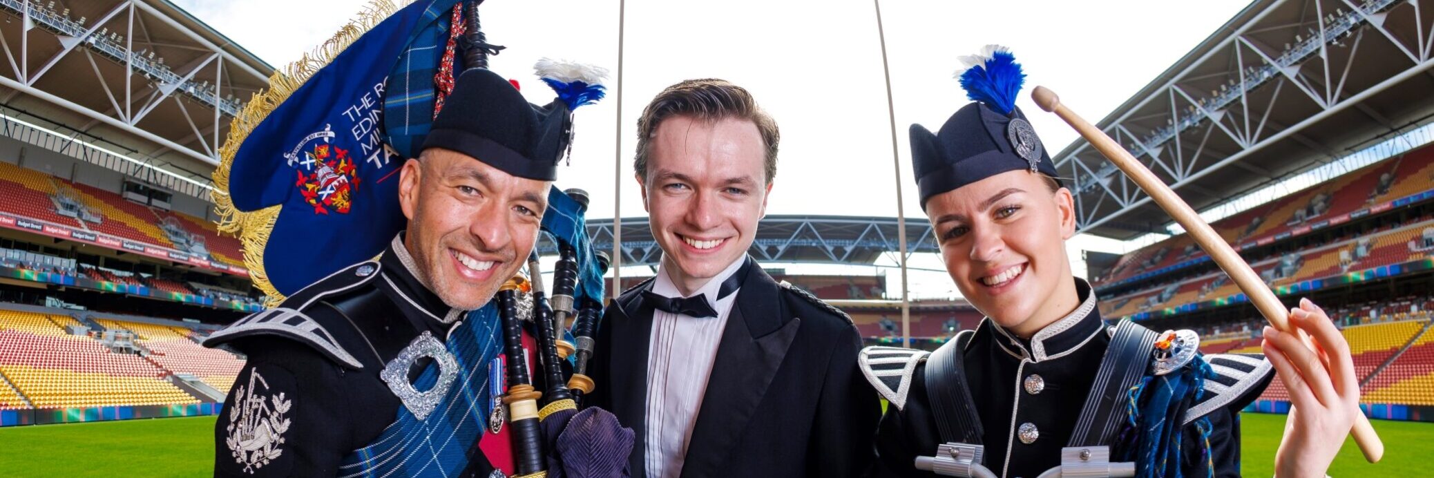 Pipe Major Alisdar McLaren, Connor Ferguson and Chevii Jay Clarke at Suncorp Stadium, Brisbane. Photo: JOSH WONING