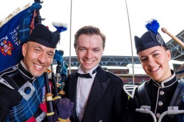 Pipe Major Alisdar McLaren, Connor Ferguson and Chevii Jay Clarke at Suncorp Stadium, Brisbane. Photo: JOSH WONING