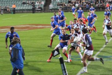 File photo … Auckland’s Blues (chequered jerseys) take on France at Horth Harbour Stadium, Auckland. Photo courtesy ANDREW KACIMAIWAI