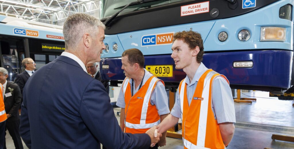 NSW Transport Minister John Graham with CDC employee Shane Tissington at the new depot on Friday, May 30, 2025. Picture: Toby Zerna Media