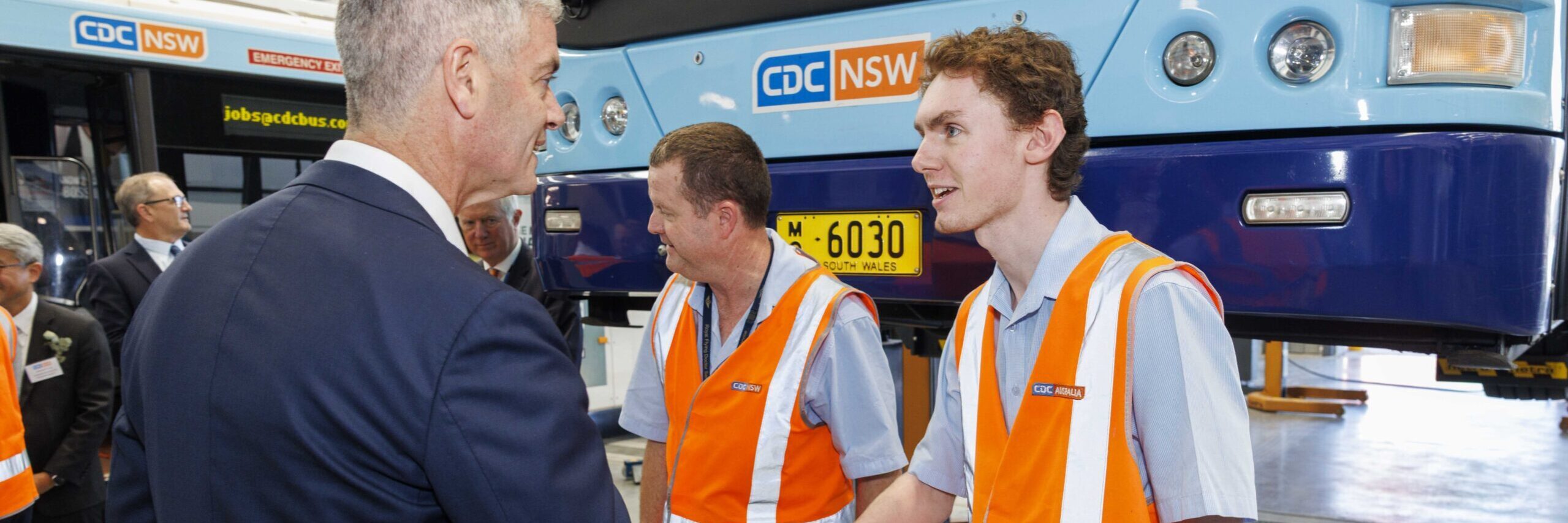 NSW Transport Minister John Graham with CDC employee Shane Tissington at the new depot on Friday, May 30, 2025. Picture: Toby Zerna Media