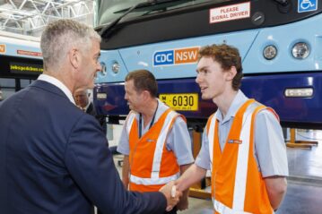NSW Transport Minister John Graham with CDC employee Shane Tissington at the new depot on Friday, May 30, 2025. Picture: Toby Zerna Media