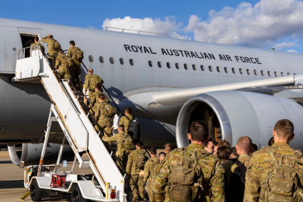Operation Beech Australian soldiers board a transport on their way to the Middle East. Photo: Department of Defence 2025.