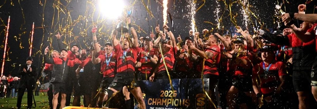 The Crusaders celebrate in Christchurch on Saturday night. Photo: Super Rugby Pacific