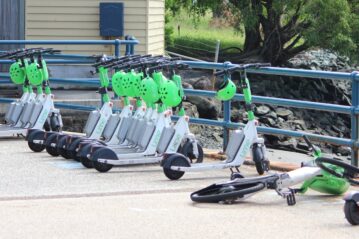 E-scooter at Teneriffe Jetty, Brisbane. Photo: ANDREW KACIMAIWAI