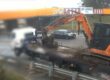 An excavator strikes a beam and comes off this truck on Muriel Ave at Rocklea, SEQ, on April 14, 2025. Image: Qld Rail